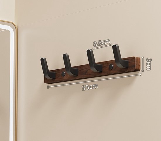 Coat rack - Wall coat rack - Coat rack with hooks - Storage rack - 35 × 3 cm - Wooden coat rack - Walnut - 4 hooks - Walnut wood color