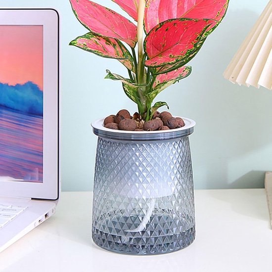 Flower pots - Plastic flower pots - sustainable garden supplies - hydroponic flower pots - visible water level - With absorbent cotton rope - Ø 10 x H 12 cm - Gray