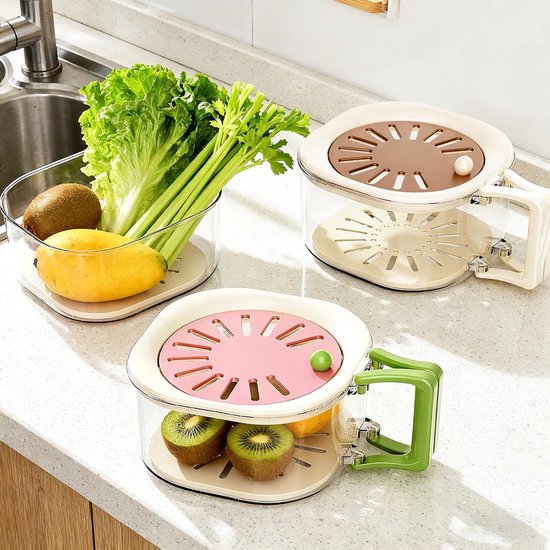 Multifunctional Fruit Washing Basket with Colander and Lid - 2-in-1 Drain Basket & Fruit Colander - Suitable for Kitchen, Refrigerator, Picnic and Camping - Pink