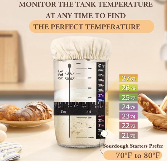 1000ml Sourdough Fermentation Jar in a Glass Jar | Includes stirring spoon, measuring cup, and fabric cover - for dough, bread baking, and sourdough fermentation