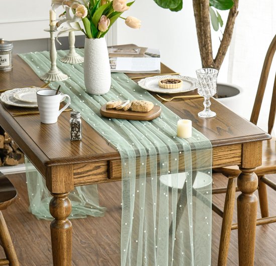 Light Green Table Veil with White Pearls - Silky Gauze 30x120 Inches - For Weddings, Parties & Table Decorations