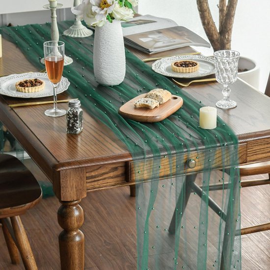 Yellow Table Veil with White Pearls - Silky Gauze 30x120 Inches - For Weddings, Parties & Table Decorations