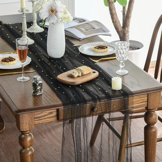 Black Table Veil with White Pearls - Silky Gauze 30x120 Inches - For Weddings, Parties & Table Decorations