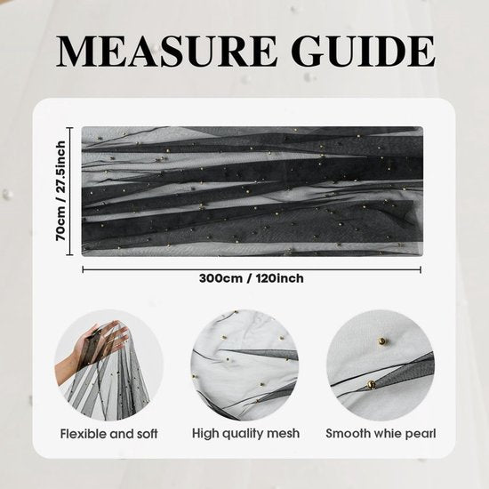 Black Table Veil with White Pearls - Silky Gauze 30x120 Inches - For Weddings, Parties & Table Decorations