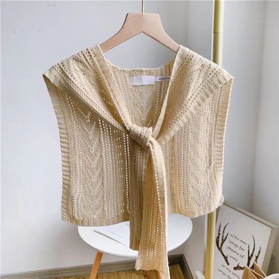Knitted Openwork Shoulder Dress - Lightweight Cardigan & Scarf in One - Solid Color Goes With Everything - Beige
