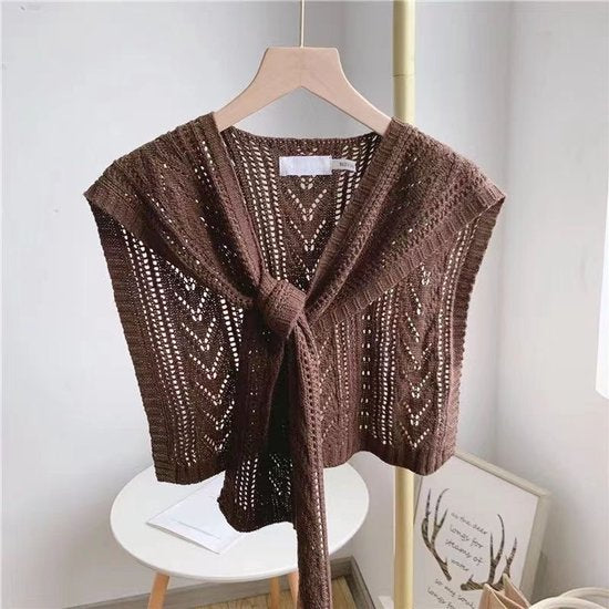 Knitted Openwork Shoulder Dress - Lightweight Cardigan & Scarf in One - Solid Color Goes With Everything - coffee
