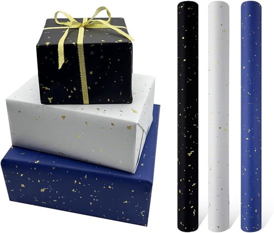 3 Rolls of Birthday Wrapping Paper - 43cm x 3m Per Roll - Blue, White & Black - Large Roll of Recyclable Paper