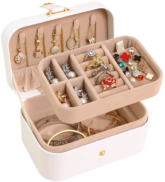 Travel Jewelry Case - 2 Layers with Velvet & Detachable Compartments - For Necklaces, Earrings & Bracelets - White