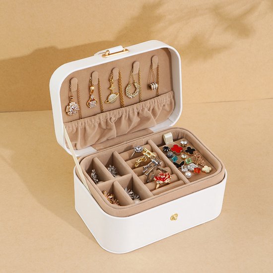 Travel Jewelry Case - 2 Layers with Velvet & Detachable Compartments - For Necklaces, Earrings & Bracelets - White