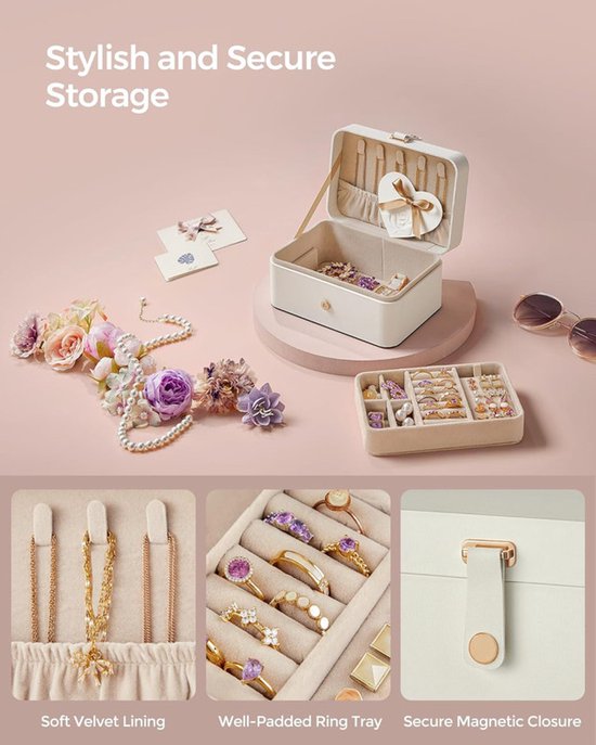 Travel Jewelry Case - 2 Layers with Velvet & Detachable Compartments - For Necklaces, Earrings & Bracelets - White