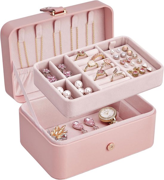 Travel Jewelry Case - 2 Layers with Velvet & Detachable Compartments - For Necklaces, Earrings & Bracelets - Pink