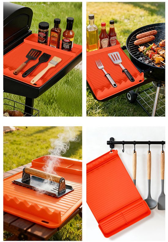Silicone BBQ Grill Mat - 8-Slot Mat with Drip Tray - Heat-Resistant and Dishwasher-Safe - 40x27 cm - Orange