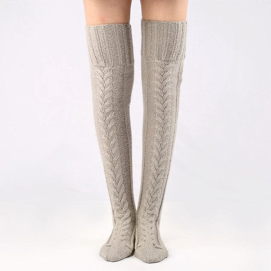 High Thigh Socks - Long Knee Socks with Cables - Warm & Versatile - For Sizes 36-40 - Gray
