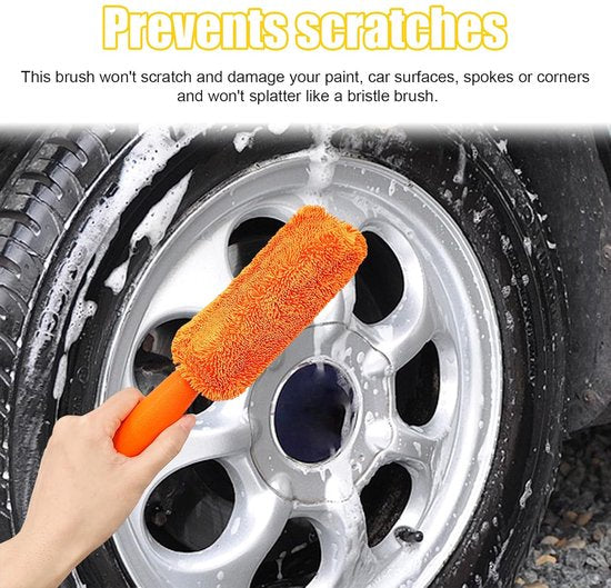 Brushes - Set of 2 soft microfiber metal-free car rim and wheel brushes - Scratch-free tire brushes - for cleaning wheels - Universal accessory for washing car tires (orange and green)