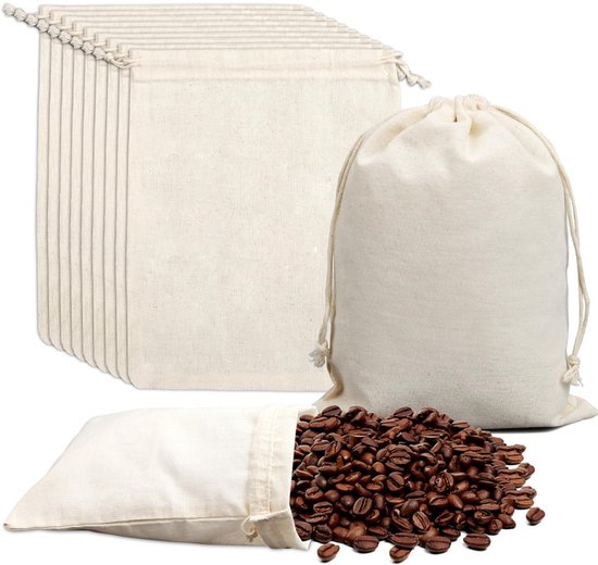 Storage Bags - Fabric Bags 20 x 15 cm - Pack of 15 Cotton Bags - Linen Drawstring Bags - Small Reusable Gift Bags - Cotton Bags - Canvas Bags - DIY - Coffee