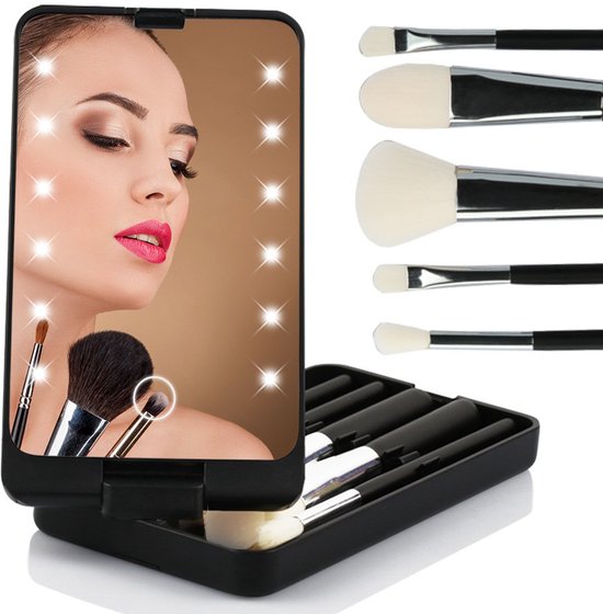 LED Makeup Mirror - Lighted Mirror - Set of 5 Makeup Brushes - Makeup Brush Storage Box - Cover - Dustproof - Black