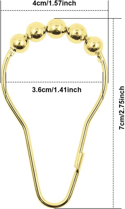 Shower curtain hooks (12-piece) - Curtain rings - Stainless steel rings with sliding system - Gold