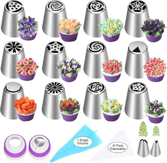 set of 27 cake decorating tips - 12 flower-shaped tips - cake decorating tip set - baking supplies for cookies and cupcakes - 2 leaf-shaped tips - 2 adapters - 10 piping bags