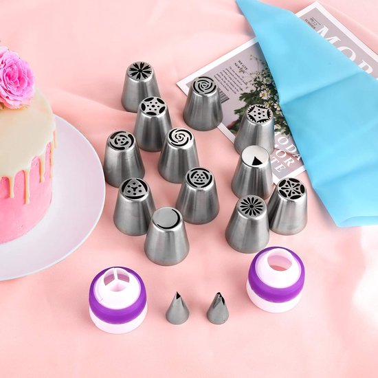 set of 27 cake decorating tips - 12 flower-shaped tips - cake decorating tip set - baking supplies for cookies and cupcakes - 2 leaf-shaped tips - 2 adapters - 10 piping bags