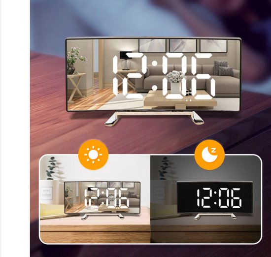 Multifunctional electronic alarm clock with light effect - Creative large screen - Curved LED light - Digital home mirror - Clock decoration - Black casing, white light