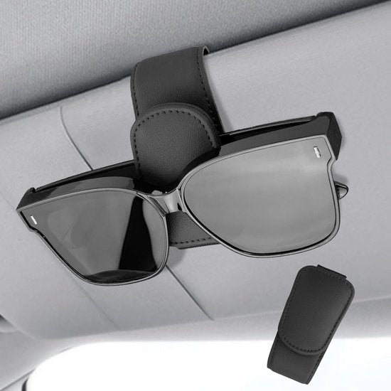 Car sun visor glasses holder - magnetic leather sunglasses holder - car sun visor accessories - bill holder (black)