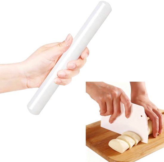 Rolling pin and dough cutter (2-piece) - 33 cm long - White - Diameter 3.5 cm - Suitable for baking - Can be used to roll out puff pastry, pie crusts or cookie dough - Smooth and easy-to-clean surface - Mould-resistant rolling pin