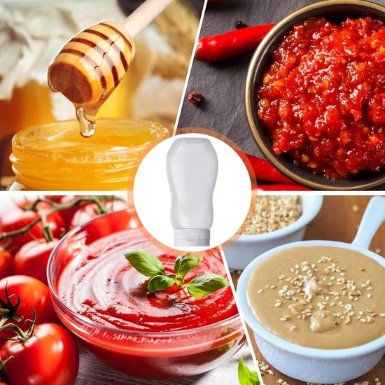 Squeeze Bottles - Pack of 4 - Sauce Bottles - Plastic Bottles with Lid (330g) - BPA Free - Suitable for salad dressings, ketchup, cooking oils - Clear Bottles for Condiments - Leak-Proof Bottles - Food Grade Condiment Bottles