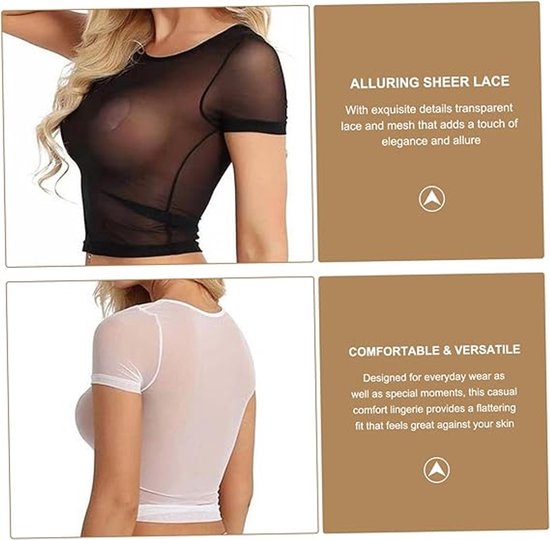 Sexy lingerie for women - Two-piece set - Lingerie set - Sexy sheer lace lingerie - Short sleeve lace set - Sheer set - Valentine's Day gift - Black and white - Size XL