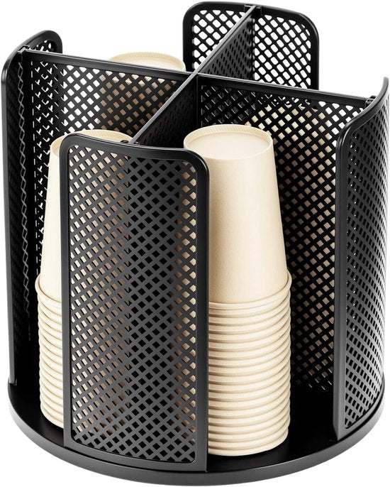 Rotating paper cup dispenser - cup holder with 4 compartments - with 360° turntable - suitable for kitchens, bathrooms and coffee bars - black