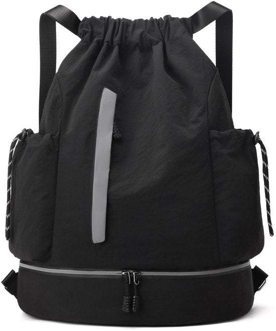 Drawstring Backpack - Waterproof Sports Bag - Lightweight Sports Backpack - With Shoe Compartment - Unisex - Suitable for Basketball, Football, Swimming and Travel - Black