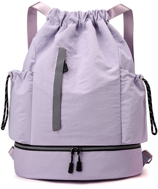 Drawstring Backpack - Waterproof Sports Bag - Lightweight Sports Backpack - With Shoe Compartment - Unisex - Suitable for Basketball, Football, Swimming and Travel - Purple