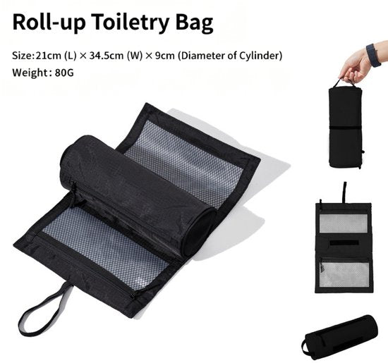 Foldable Toiletry Bag with Hanging Hook - Waterproof Travel Wash Bag - with Multiple Compartments & Mesh - Compact Makeup and Toiletry Bag for Vacation, Sports and Camping - Black