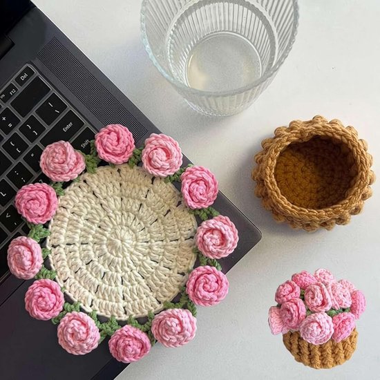 Coasters - Mini Basket Included - Floral Coasters - Vintage Rose Design - Suitable for coffee tables, weddings, housewarming parties, birthdays, etc.(Pink)