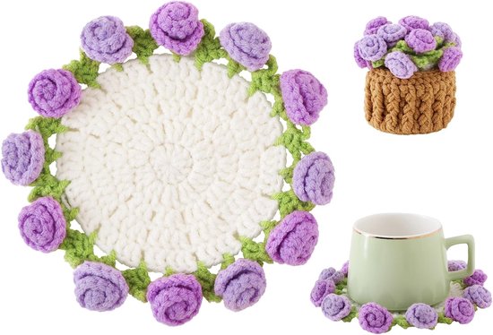 Coasters - Mini Basket Included - Floral Coasters - Vintage Rose Design - Suitable for coffee tables, weddings, housewarming parties, birthdays, etc.(Purple)