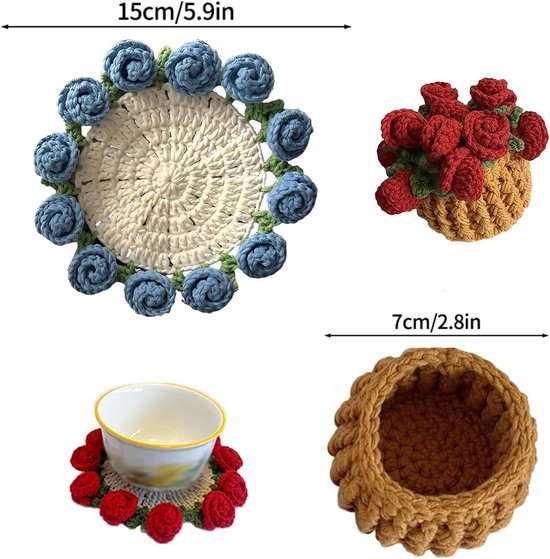 Coasters - Mini Basket Included - Floral Coasters - Vintage Rose Design - Suitable for coffee tables, weddings, housewarming parties, birthdays, etc.(Purple)