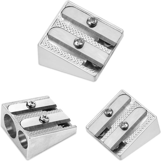 Pencil Sharpener - 3-Piece - Double Hole Pencil Sharpener - Portable Manual Pencil Sharpener - Suitable for Children, Home, School and Office - Silver