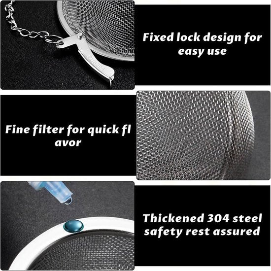 Tea filter - 3 pieces - Stainless steel tea filter - Tea ball filter - Tea filter pot - Infusion ball - Stainless steel tea filter - with extended chain hook - Round tea filter