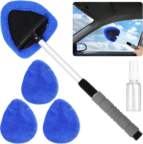 Car Window Cleaning Kit - 5-Piece - Car Window Cleaning Tool - Car Window Cleaning Tool - Car Window Cleaning Brush with Telescopic Handle - 1 Handle + 4 Blue Cloths + 1 50ml Spray Bottle