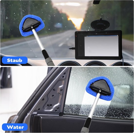 Car Window Cleaning Kit - 5-Piece - Car Window Cleaning Tool - Car Window Cleaning Tool - Car Window Cleaning Brush with Telescopic Handle - 1 Handle + 4 Blue Cloths + 1 50ml Spray Bottle