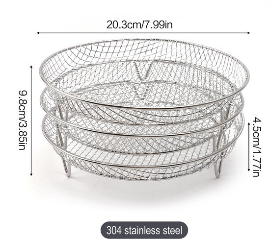 Multi-layer air fryer rack (3 round layers) - Air fryer baking pan - Air fryer grid - 304 stainless steel - Safe to use in air fryers, steam ovens, regular ovens and dishwashers - 20.3 cm - Silver