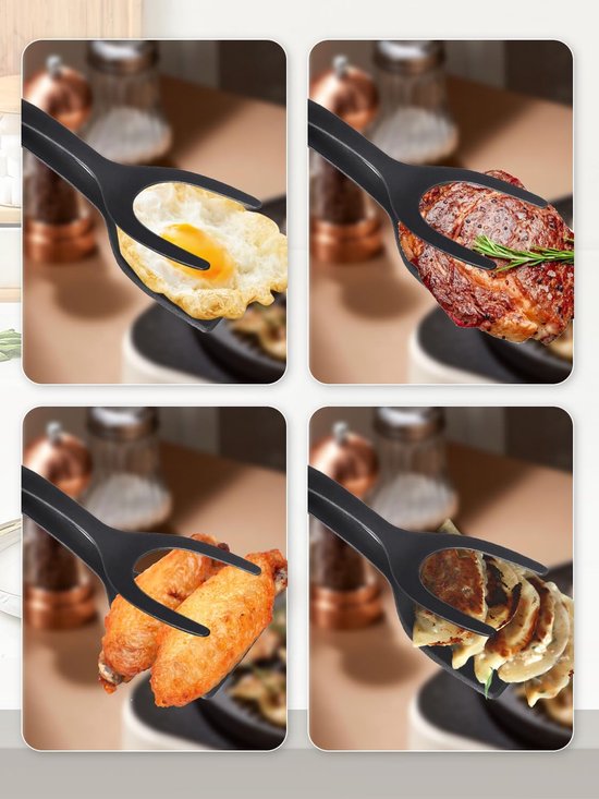 Set of 2 Food Tongs - 2-in-1 Flipper/Deep Fryer - Egg Flipper - Spatula with Clip - Egg Flipper, Kitchen Tools for Home - Black