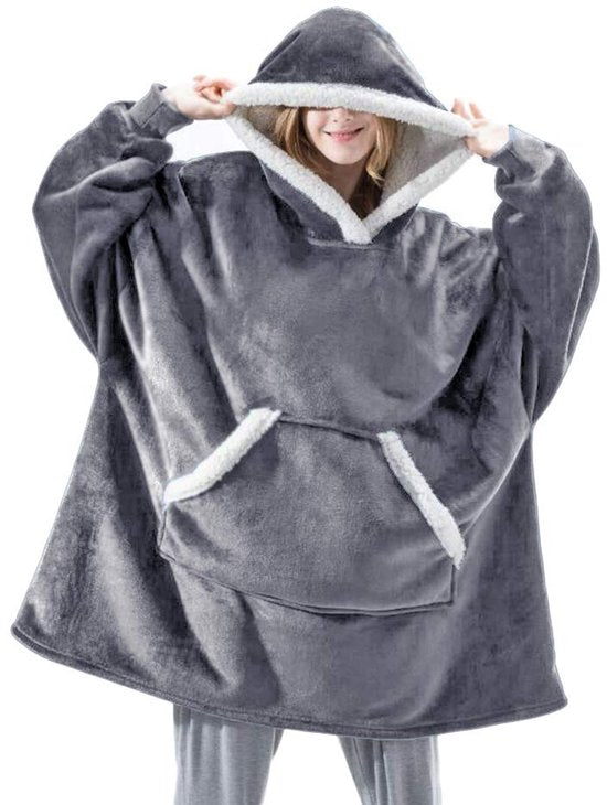 Hooded Blanket with Sleeves - Soft Sherpa Fleece - For Adults - As Homewear & Sleeping Robe - Gray