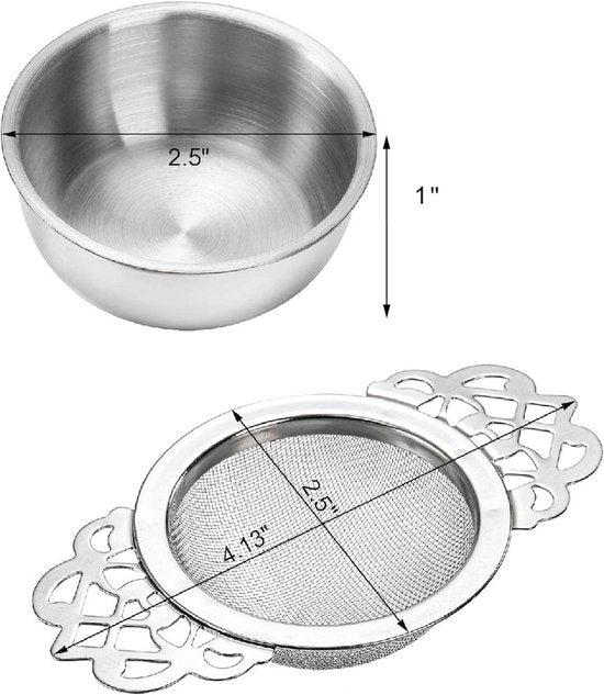 Tea Strainer - 2-piece set - Stainless steel tea infuser - Tea steeper with handle and drip cup - 6.5 cm - Mesh tea filter