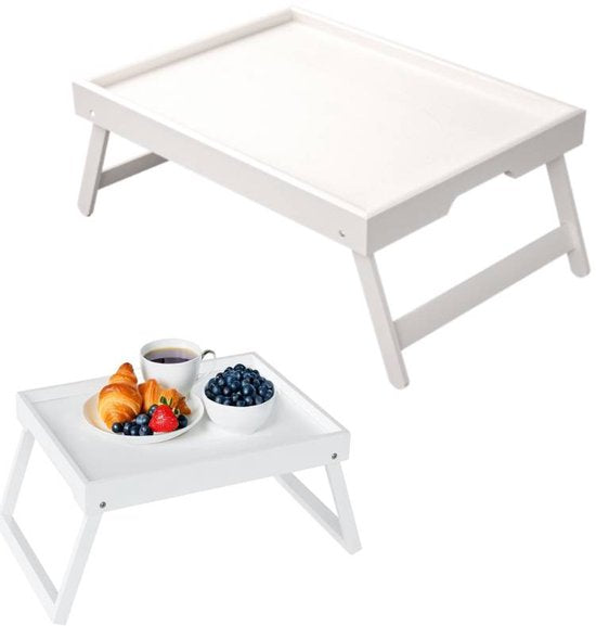 Folding table - Multifunctional folding table for home - Folding bamboo bedside table - Can be used as a dining table, TV table, laptop table, snack table, sofa table or work table - White