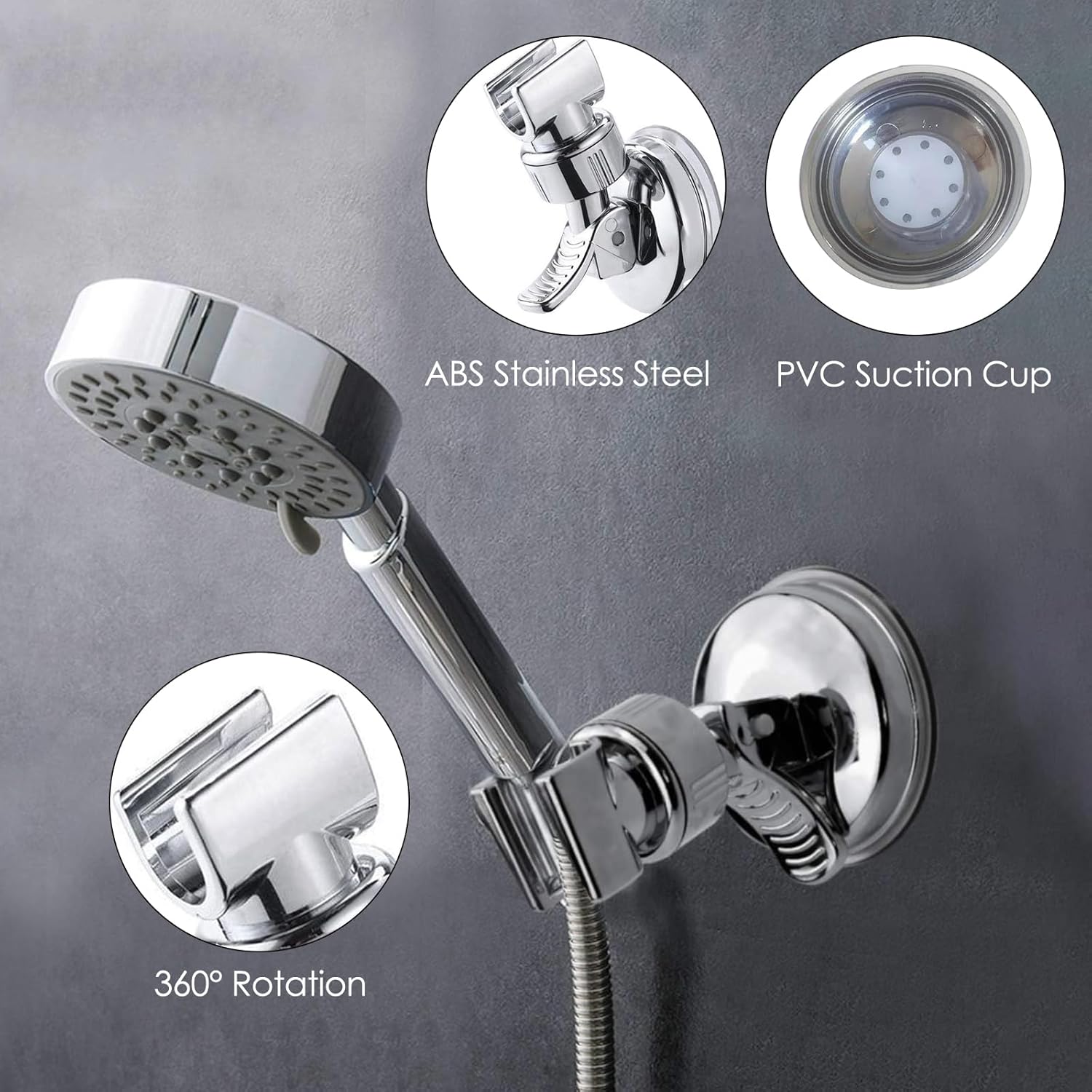 Shower Head Holder - Suction Cup Mounting Without Drilling - 360 Degree Rotatable - Adjustable Angle