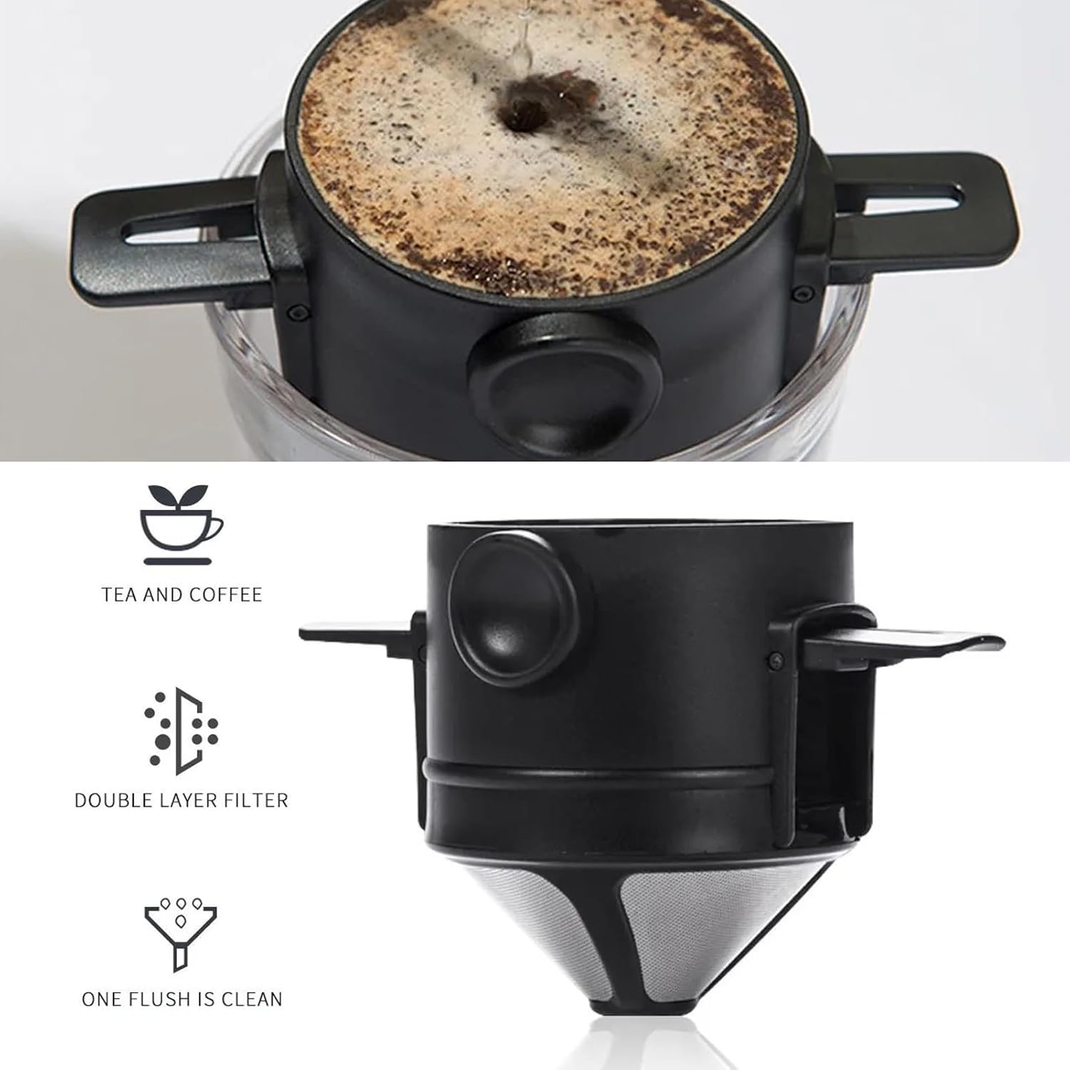 Coffee Filter - Reusable Cone for Drip Coffee - Stainless Steel - Includes Glass Jug