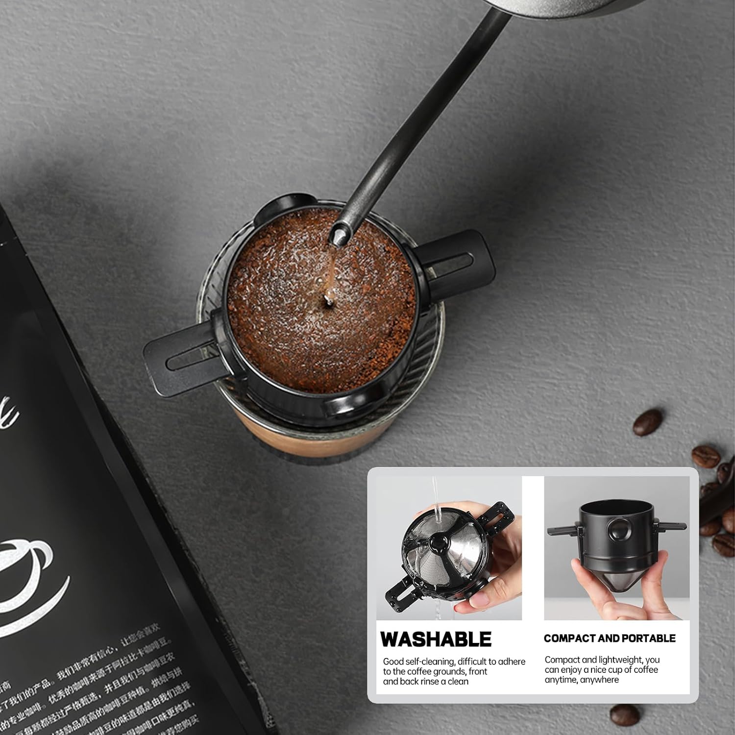 Coffee Filter - Reusable Cone for Drip Coffee - Stainless Steel - Includes Glass Jug