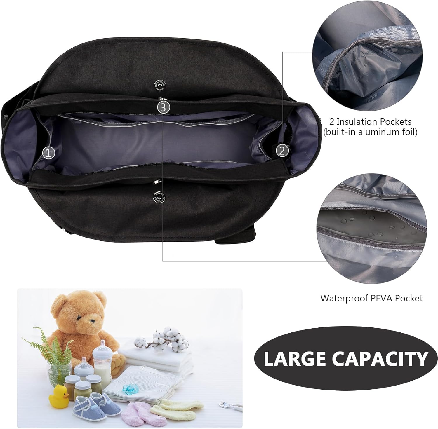 Baby Storage Bag - Multifunctional Diaper Bag with 13 Compartments - Including Special Pacifier Pocket - Large Capacity for All Baby Needs - Black