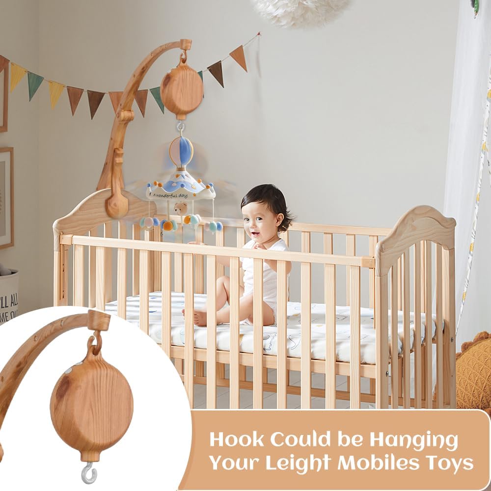 Baby Mobile - With Music Box and 35 Melodies - Wooden Design - For Baby Bed and Crib - White and Natural Colors
