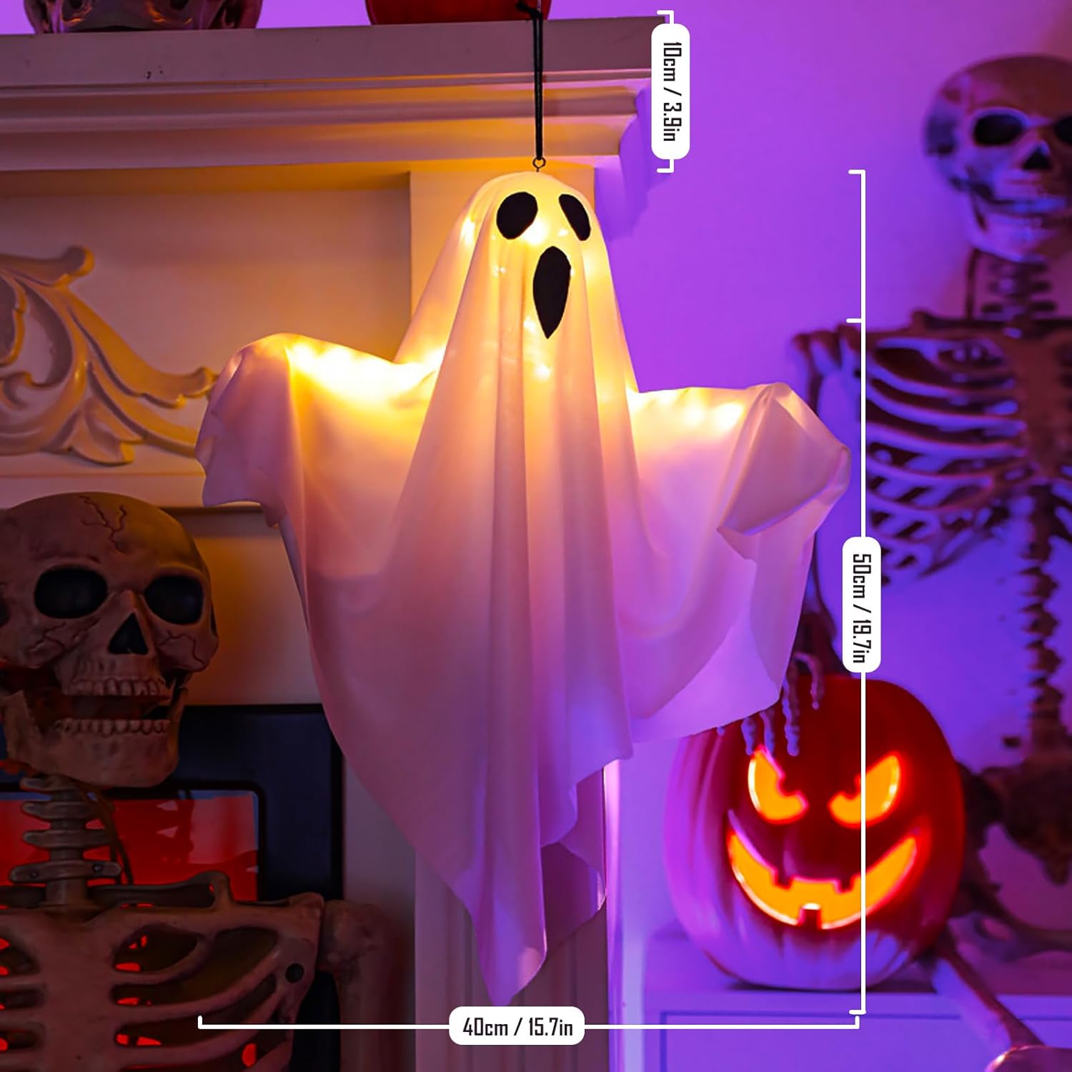 Halloween Decoration - 2 Pieces Hanging Ghosts - With LED Lighting - For Outdoors and Gardens - Spooky Party Atmosphere